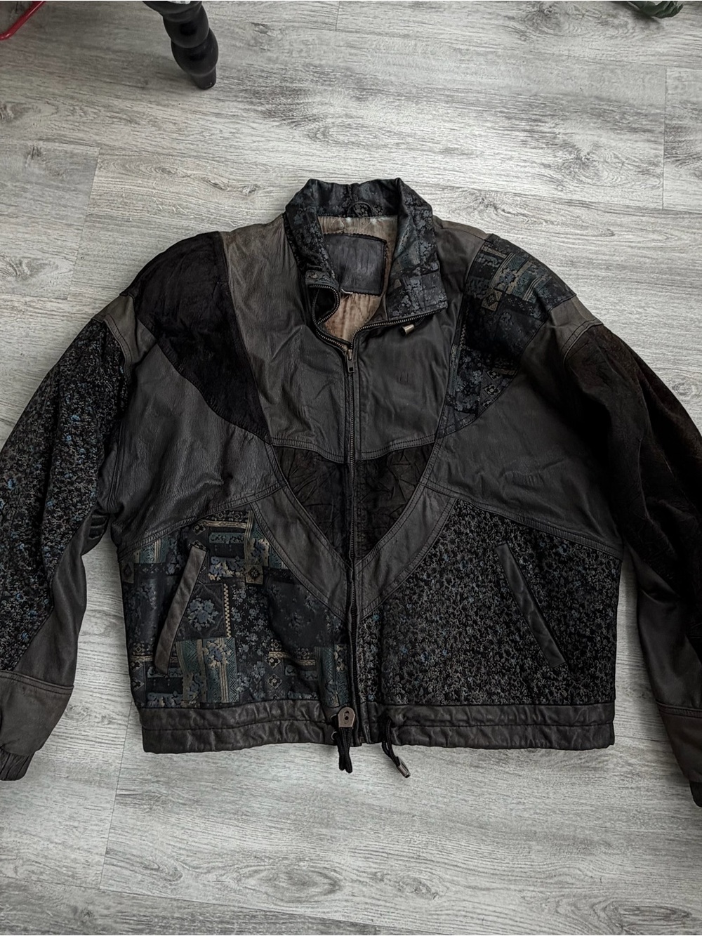 VTG Leather Patchwork Bomber Jacket Womens L Black Nevada Blue Unique Detail